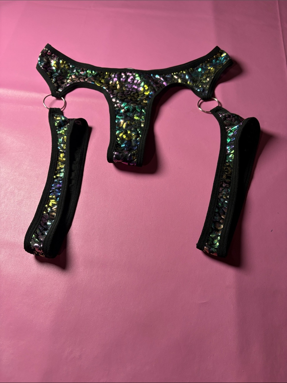 Black Holographic Sequin Garter Thong Set